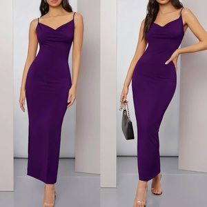 Purple cowl neck cami maxi dress